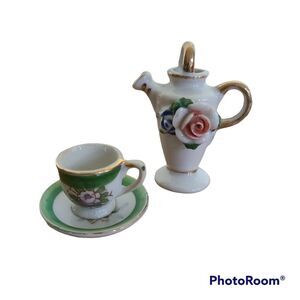 Vintage Collectible Bone China Miniature Floral Watering Can & Tea Cup W/ Saucer